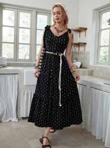 LanaWest Women Tie Up Patchwork Lace Hem A-Line Dress