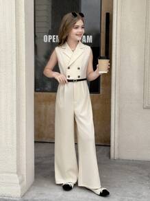 SHEIN Lässiger, gewebter, einfarbiger, ärmelloser Jumpsuit mit Revers für Tween Mädchen