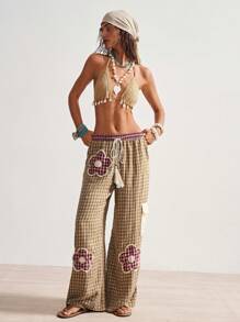 Bohemela 女士宽松乡村度假风格编织格子拼接低腰直筒裤，夏季 - 棕色 - 查看 3