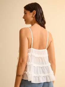 CAJUNI Boho Style White Layered Ruffle Tie-Up Women's Camisole