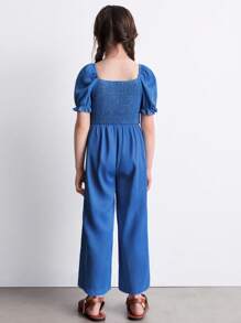 SHEIN 少女夏季泡泡袖纽扣牛仔背带裤和连体裤 - 藍色 - 查看 5