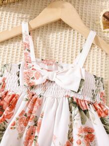 SHEIN Babygirl Summer Cute Vacation White Leaves Pattern Sleeveless Dress