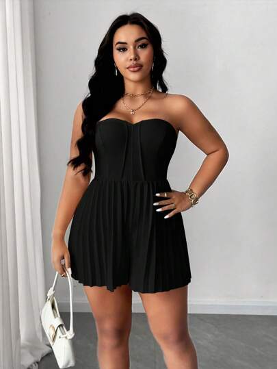 Maweii Plus Size Women Elegant Romantic Strapless Pleated Shorts Jumpsuit
