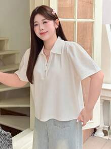Dazy Plus Solid Color Polo Collar Short Sleeve Regular Fit White Summer T-Shirt Women Summer Sets,Business Casual Women