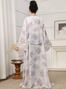 Yasmyna Women's Elegant Floral Print Loose Long Sleeve Side-Slit Abaya, Modest Robe