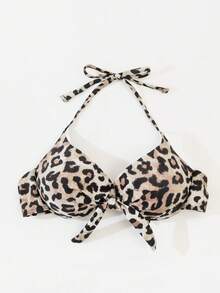 SHEIN Swim 2025 Women's Summer Beach Leopard Print Front Tie Halter Bikini Top (Random Print), Push Up With Underwire