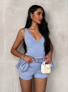 Glamine Abito corto casual da donna con scollo a V, vita arricciata, tessuto riflettente, stile minimalista per il business