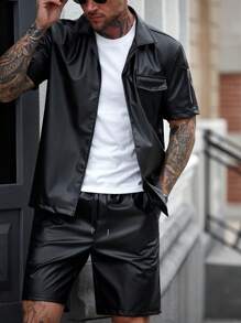 SLATEMANN 男士纯色前扣短袖衬衫和抽绳腰袋短裤套装男士服装套装男士时尚服装男士服装两件套男士设计师服装 - 黑色 - 查看 4