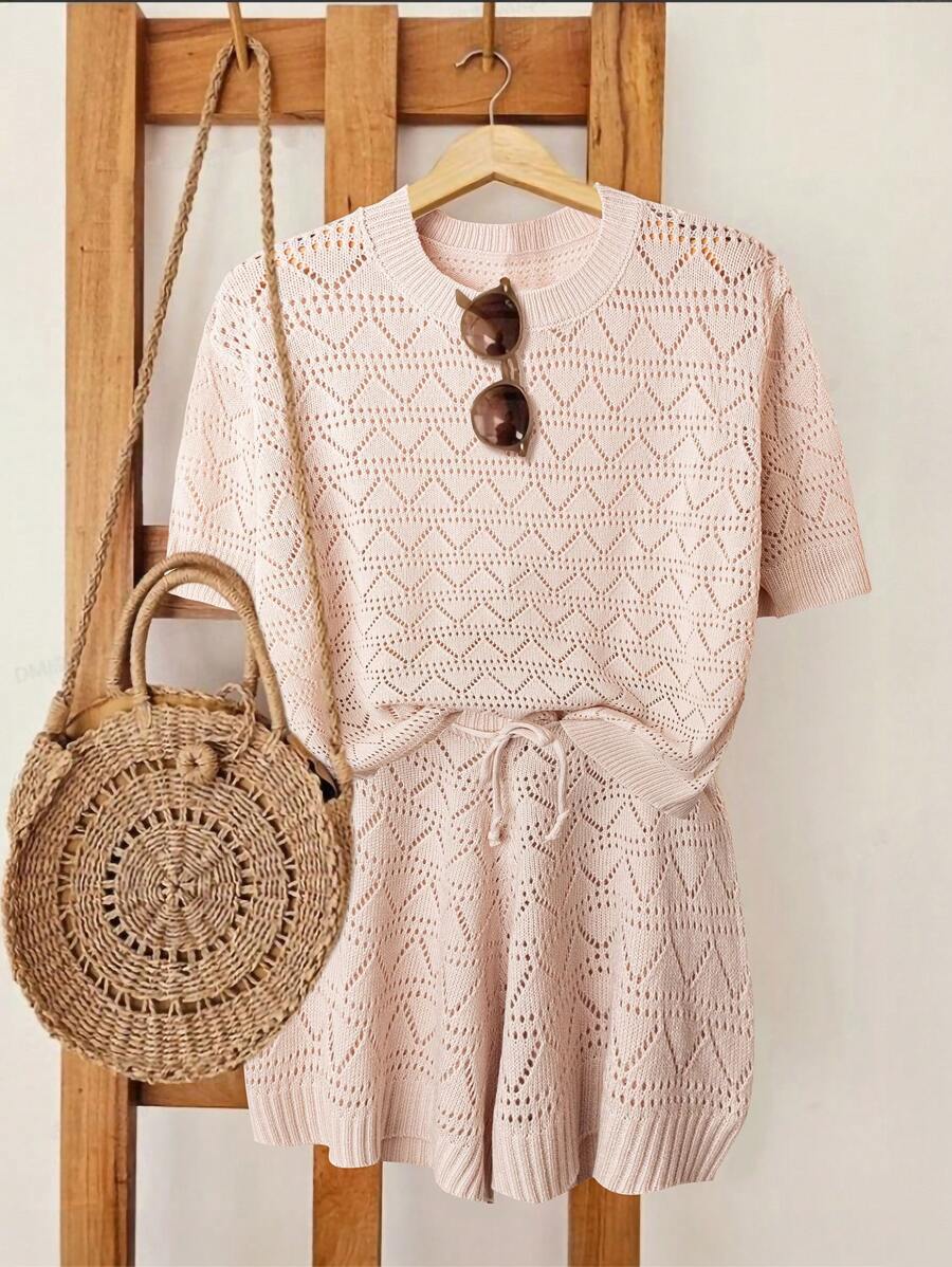 SHEIN LUNE Plus Size Casual Vacation Style Short Sleeve Sweater Set Women Clothes Women Summer Sets Women Clothes Winter Fall Autumn - Apricot - View 1