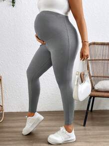 SHEIN Plus Size Maternity Casual Solid Color Adjustable Waist Leggings - Black - View 7