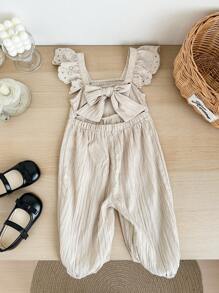 SHEIN LMoss Kids Girl's Cute Apricot Textured Cap Sleeve Jumpsuit, Versatile Summer