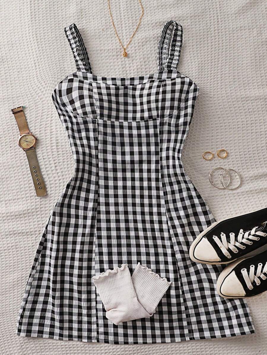女式全新格纹甜美修身喇叭形无袖吊带背心连衣裙 - 黑與白 - 查看 1