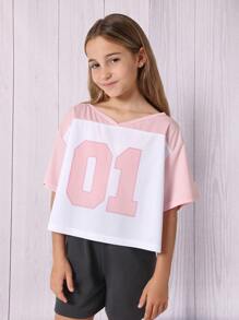 SUMWON Camiseta corta de atletismo con número de equipos deportivos, estilo porrista, ajuste suelto, parte superior de rendimiento, ropa deportiva juvenil de moda para volver a la escuela para adolescentes
