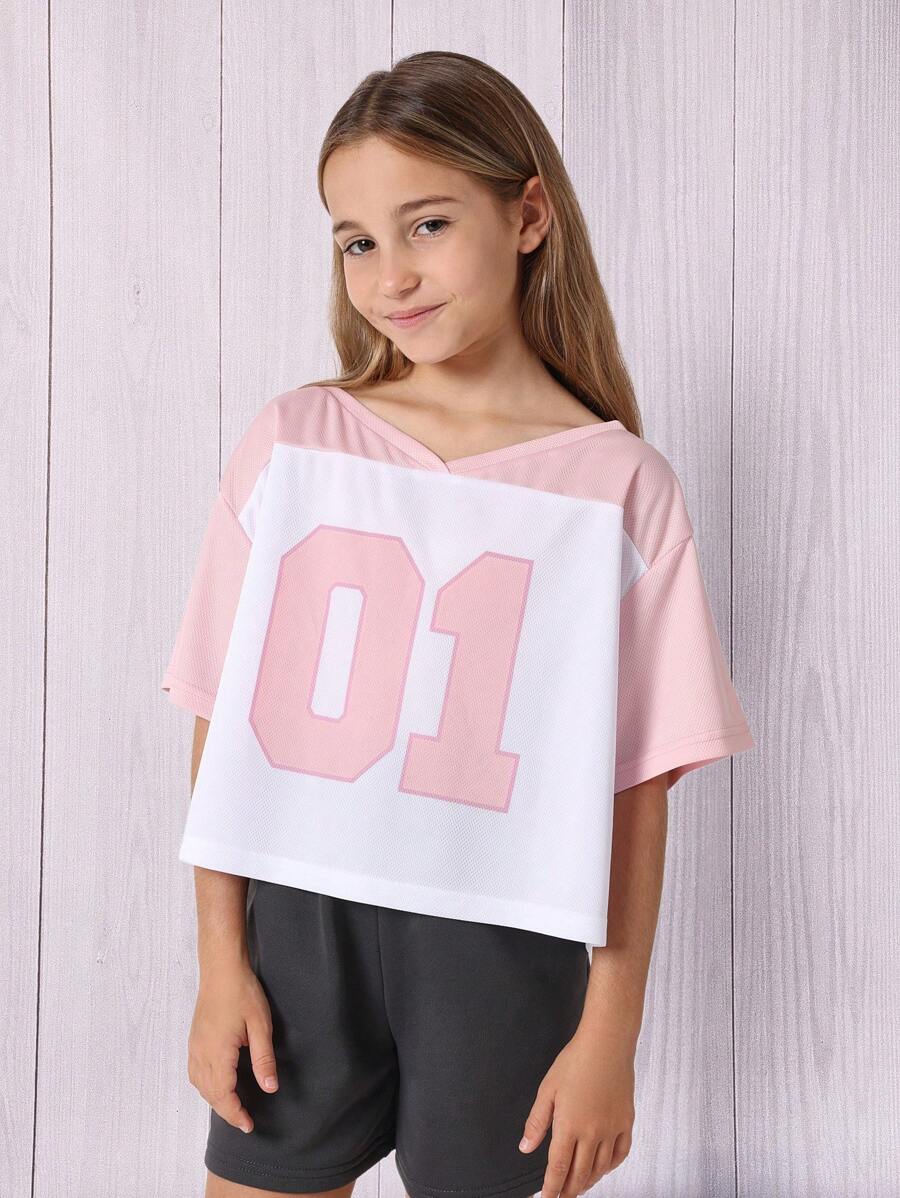SUMWON Camiseta corta de atletismo con número de equipos deportivos, estilo porrista, ajuste suelto, parte superior de rendimiento, ropa deportiva juvenil de moda para volver a la escuela para adolescentes