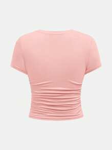 SHEIN Conjunto casual a juego para adolescentes de unicolor, con camiseta con volantes y pantalones con pierna acampanada - Rosa - Ver 5