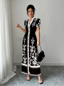 Elenzga 万圣节服装黑色印花修身女式连衣裙 - 黑與白 - 查看 6
