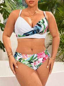 SHEIN Swim Curve 大码女式两件套高腰花卉比基尼套装，带钢圈可拆卸衬垫，夏季泳装 - 彩色 - 查看 4