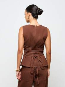 AiiRZ Denim Round Neck Cinched Waist Back Tie Regular Hem Casual Summer Top - Coffee Brown - View 2