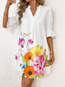 SHEIN Clasi Floral Print Cutout Neck Elegant Dress For Women Graduation Dresses For Women Drop Waist Dress Boho Country Boho Women Clothing Summer Vacation Outfits Women Going Out Outfits - White - View 5