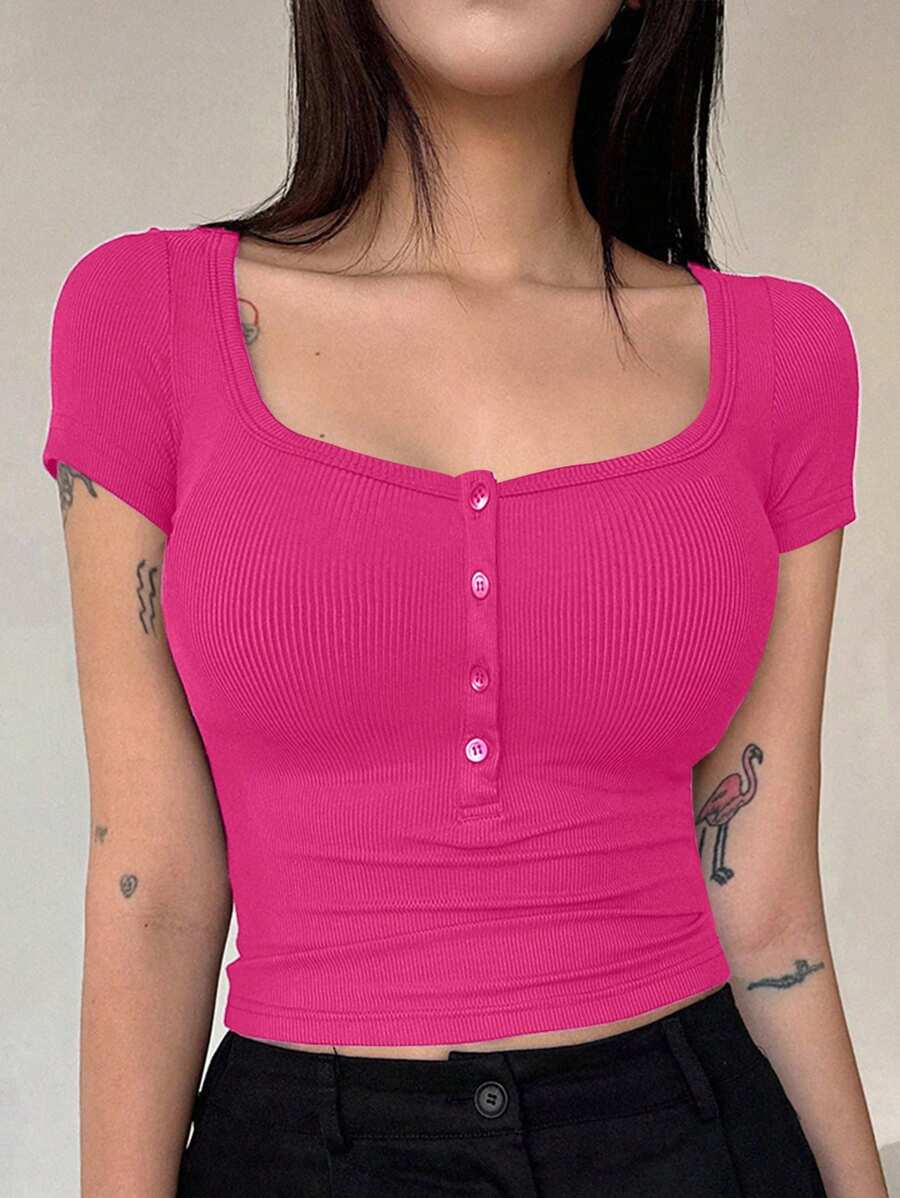 DAZY Áo thun ngắn tay màu trơn dáng casual dành cho nữ, kiểu dáng mùa hè thanh lịch, dễ thương. - Màu Hồng Tươi - Xem 1