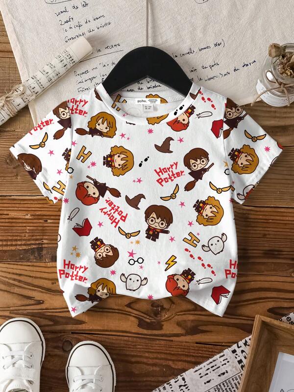 HARRY POTTER X SHEIN Young Girl Cartoon Print Casual Comfortable Crew Neck Short Sleeve T-Shirt, Summer