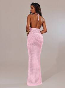 SHEIN BAE 女式夏季度假花卉钩针镂空针织毛衣裙 - 淺粉色 - 查看 2