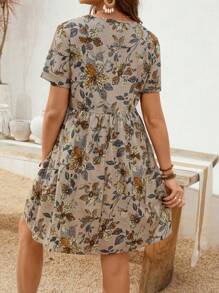 SHEIN Đầm bầu tay ngắn cổ chữ V in hoa, đầm đi nghỉ hè phong cách Boho cho nữ. - màu nâu - Xem 2