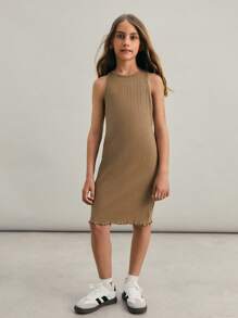 SHEIN 3 Piece Tween Girls School Style Sleeveless Crew Neck Snug Fit Knit Dress Set,Shades Of Brown,Summer,Casual,School Versatile Solid Multiple Styles - Multicolor - View 1