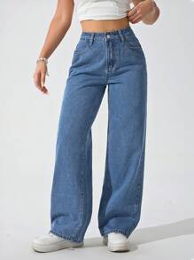 SHEIN PETITE Women's Loose Fit Pocketed Wide Leg Casual Versatile Denim Pants