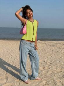 Jouncy Women's Single-Breasted Round Neck Sleeveless Casual Knit Top - Olive Green - View 3