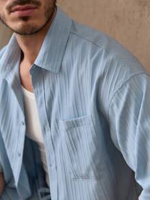 Manfinity VCAY 2pcs/Set Men's Casual Wave Print Loose Raglan Sleeve Shirt & Drawstring Waist Solid Shorts Set - Blue - View 7