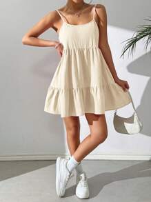 SHEIN EZwear Đầm suông dệt hở lưng cổ chữ V không tay cho kỳ nghỉ hè thường ngày của phụ nữ, màu be - Màu be - Xem 4