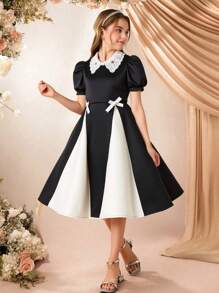 Tween Girls' Elegant Colorblock Puff Sleeve Bow Decor A-Line Dress - Black - View 1