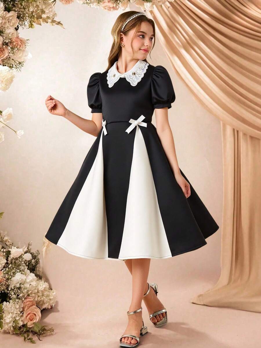 Tween Girls' Elegant Colorblock Puff Sleeve Bow Decor A-Line Dress - Black - View 1