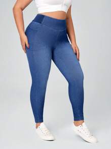 SHEIN Essnce 大码女式高腰紧身休闲百搭牛仔裤 - 藍色 - 查看 5