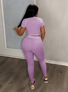 Slaydiva 2025 春夏新款休闲街头百搭运动基础修身绿色圆领短袖短款T恤和撞色腰裤女士两件套，适合音乐节、复活节、西部游牧风格、乡村风格、婚礼嘉宾、日常旅行、毕业季、派对聚会、俱乐部、运动健身、瑜伽 - B 薰衣草两件套紫色两件套女士女士两件套服装 - 紫色 - 查看 3