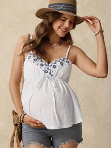 Boho Mama Top canotta con nodo frontale e ricamo floreale per donne in gravidanza