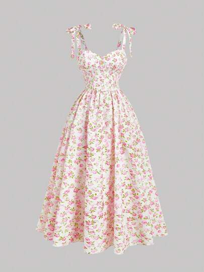 SHEIN MOD Vestido de verano con estampado floral y atar cordones para fiestas del té para mujeres, vestido largo con estampado floral para primavera, vestido de vacaciones, vestido de fiesta, atuendos de campo, ropa de playa, estilo bohemio para mujeres, atuendos de cumpleaños para mujeres, vestido de primavera y verano, atuendos para brunch