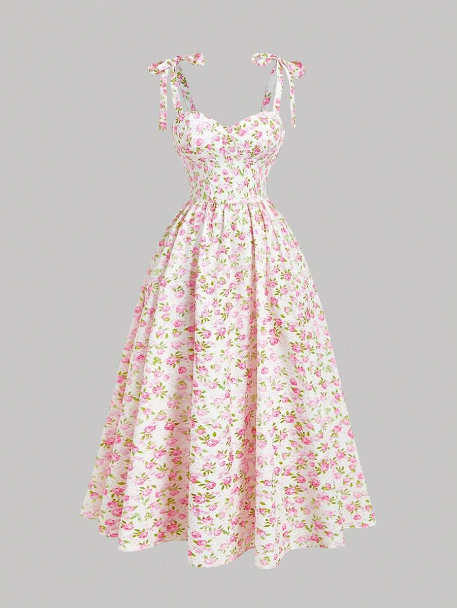 SHEIN MOD 女士花卉印花吊带系带夏季茶会连衣裙、春季花卉印花长裙、度假连衣裙、节日连衣裙、乡村服装、海滩度假装、波西米亚风女装、女士生日服装、春夏连衣裙、早午餐服装 - 玫紅色 - 查看 1