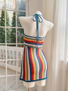 Skyraze 女士条纹微镂空海滩度假连衣裙，夏威夷女装 - 彩色 - 查看 2