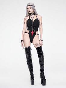 ROMWE Goth Body gótico de verano con decoración de cruz, cordones y inserto de malla elástica para mujeres - Negro - Ver 7