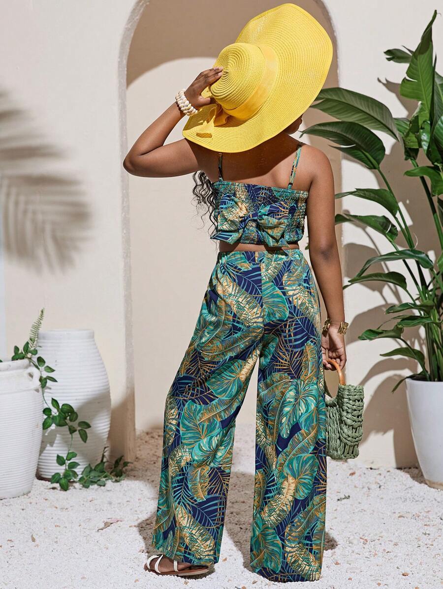 SHEIN 青春期女孩休闲碎花吊带背心和宽松裤子套装 - 藏蓝色 - 查看 1