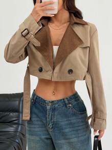 SHEIN EZwear 女士秋冬休闲拼布领短款风衣 - 卡其色 - 查看 4