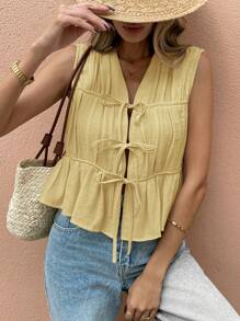 SHEIN Frenchy 女士无袖纯色衬衫，时尚夏装 - 黃色 - 查看 5