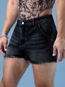 FeverCity Fever City Washed Hem & Frayed Short Men's Denim Shorts - Black - View 3