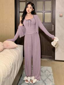 DAZY 3pcs/Set Wave Trim Decor Bowknot Camisole Top & Straight Hem Pants & Open Front Top Lounge Set, Cozy Outfits, Fall Winter Clothes - Purple - View 3