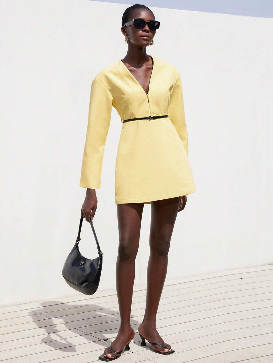 Aveloria Modichic Vestido holgado de manga larga, cuello en V, de ajuste ancho y elegante clásico, con cinturón, de color vibrante, estilo de oficina para mujer, para otoño