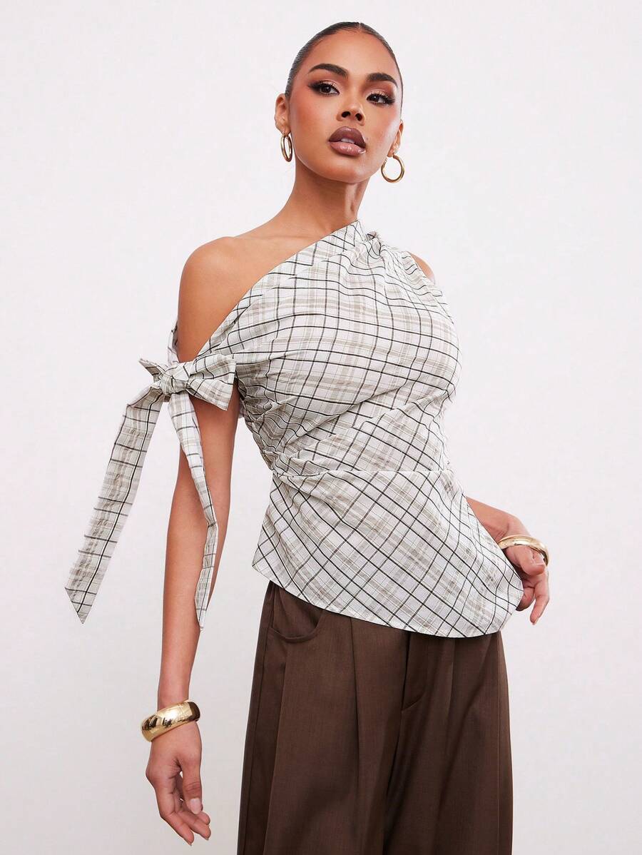 Hauture 夏季办公室不对称格子领带上衣