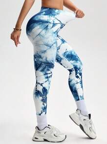 Core Rhythm 时尚扎染海军蓝运动紧身裤瑜伽女裤 - 藍白色 - 查看 3