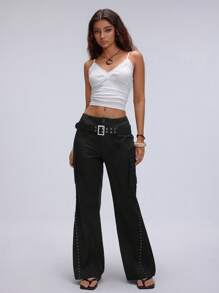 TRNVIE Y2K Style Low Waist Double Belt Micro-Flare Leg Pants, Spring/Summer Fall Cloth For Women - Black - View 6